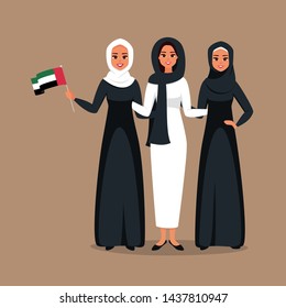 Group of young muslim businesswomen standing together at celebration Emirati Women's day. Vector illustration in flat cartoon style