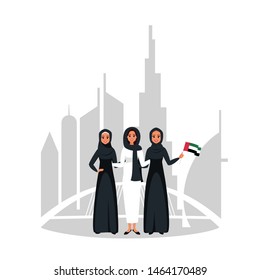 Group of young muslim businesswomen standing together at celebration Emirati Women's day on background skylines of downtown Dubai. Vector illustration in flat cartoon style