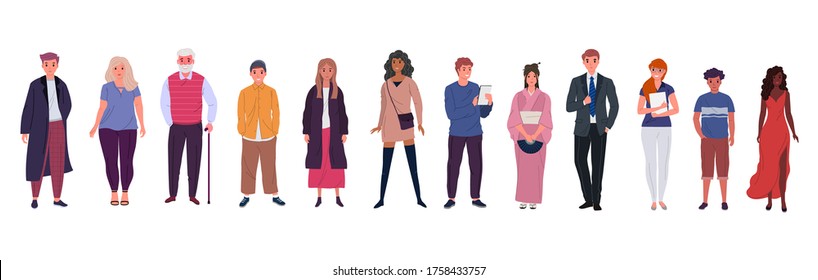 Group of young and old people of different races and cultures isolated on a white background. Flat cartoon characters set. Vector illustration.