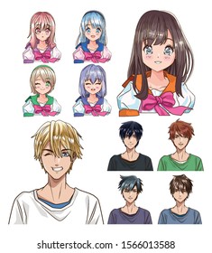 group of young people anime style characters vector illustration design