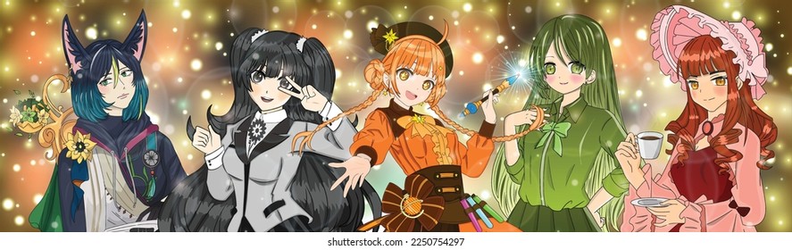 Group of young people anime style characters, manga girls comic japan fashion, vector illustration design 