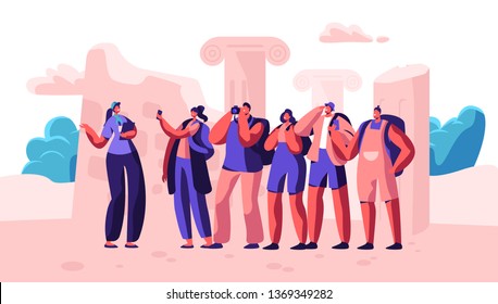 Group of Young People with Backpacks and Photo Cameras Traveling Abroad. Male and Female Tourists Visit Sightseeing with Guide. Travel Agency Service, Active Lifestyle Cartoon Flat Vector Illustration