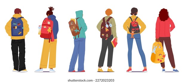 Group of Young People with Backpacks Standing in Row Rear View. Teens Boys and Girls Wear Trendy Clothes of Bright Colors View From Behind Isolated on White Background. Cartoon Vector Illustration