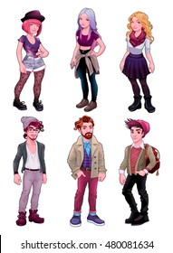 Group of young people, both males and females. Fashion cartoon vector isolated characters.