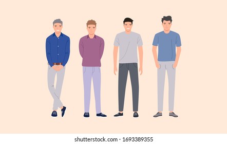 Group of young people. Young boys isolated characters. Youth lifestyle. Happy teenager in casual clothes. flat design vector illustration