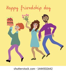 Group of young people with cake and flowers are having fun walking and smiling, vector illustration on yellow background with inscription "Happy friendship day".