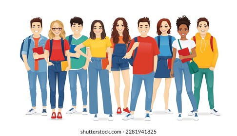 Group of young people in casual clothes with backpacks and books. Smiling students standing together isolated vector illustration - Shutterstock ID 2281941825