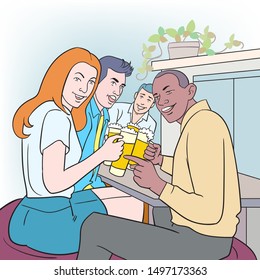 A group of young people celebrate beer after work.hand drawn style vector design illustrations.Image separated from white background 