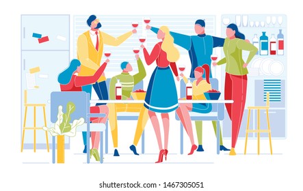 Group of Young People Celebrate at Home Party Sitting at Kitchen Table, Eating, Drinking Wine, Clink Glasses. Leisure Weekend Spare Time, Birthday Event Celebration, Cartoon Flat Vector Illustration