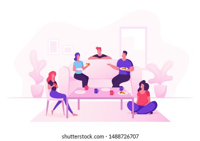 Group of Young People Celebrate at Home Party Sitting at Table in Living Room Eating Pizza, Drinking Tea. Friends Company Leisure Weekend Spare Time, Celebration. Cartoon Flat Vector Illustration