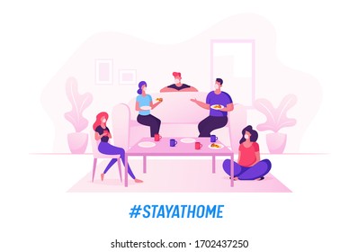 Group Of Young People Celebrate Home Party During Quarantine Covid 19 Self Isolation Eating Pizza, Drinking Tea. Friend Characters Company Leisure, Spare Time, Celebration. Cartoon Vector Illustration