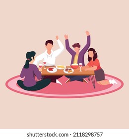 Group of young people celebrate at Home Party Sitting at table in Living Room eating and  drinking Tea. Vector colorful illustration.