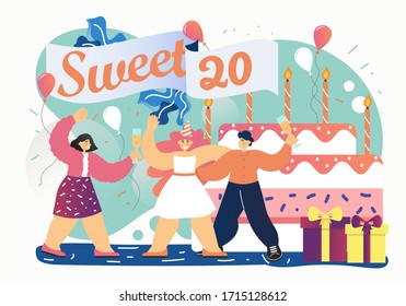 Group of young people celebrating 20th birthday anniversary with huge cake with candles, balloons, gift boxes, vector flat illustration. Sweet 20 birthday party composition for web banner, websit page
