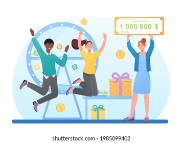 Group of young people are celebrating big lottery jackpot win together. Happy male and female characters are jumping with hands up. TV host hold million dollar check. Flat cartoon vector illustration