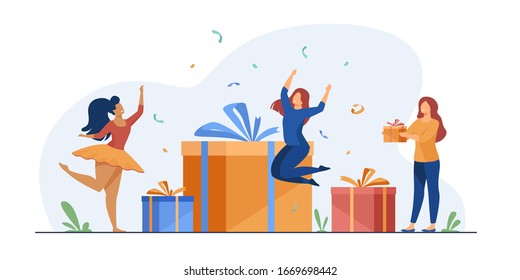 Group of young people celebrating birthday in surprise party. Friends giving gift boxes wot birthday girl. Vector illustration for celebration, festive event, presents, fun concept