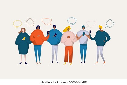  Group of Young People Characters Chatting Using Smartphone for Website or Web Page. Virtual Communication Concept. Vector illustration