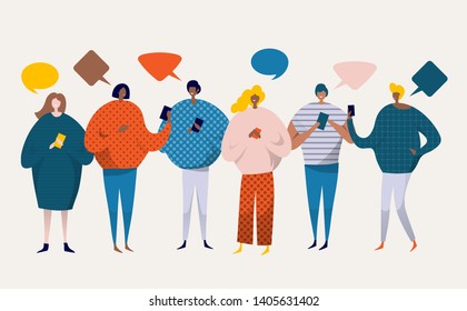 Group of Young People Characters Chatting Using Smartphone for Website or Web Page. Virtual Communication Concept. Vector illustration