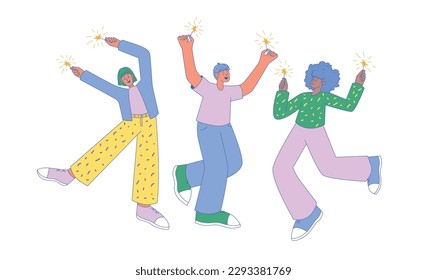 Group of Young People Characters Holding Sparklers Celebrating Holiday and Communicating on Party or Festive Event. Cartoon Vector Illustration of characters.