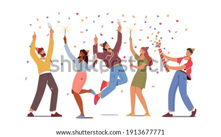 Group of Young People Characters Holding Wine Glasses with Beverages and Sparklers Celebrating Holiday, Drink Alcohol Cocktail and Communicating on Party or Festive Event. Cartoon Vector Illustration