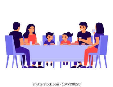 Group of young people and children are sitting together at table, talking and eating. Happy friends celebrate holiday and eat cake. Men, women and kids taste food at home, in restaurant or cafe.Vector