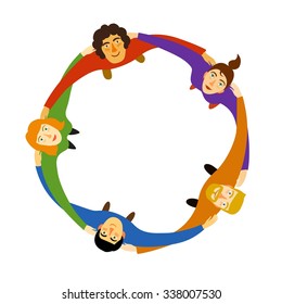 Group Of Young People In Circle Hugging And Showing Collaboration And Friendship. Cartoon Illustration About  Unity, Friendship, Team Work & Team Spirit.