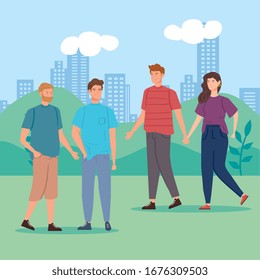 group of young people in cityscape vector illustration design