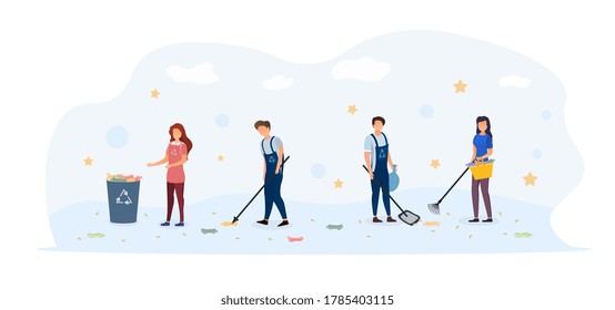 A group of young people cleaning garbage outside. Volunteering, ecology and environment concept. Vector flat illustration.