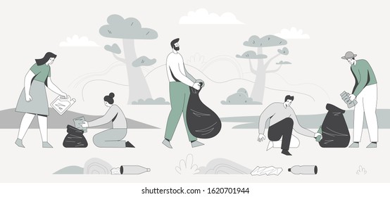 Group of young people cleaning plastic garbage in forest. Altruistic activity, environmental protection, volunteering, ecology and environment concept. Ecological lifestyle. Vector flat illustration.