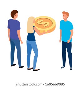 group of young people with coin vector illustration design