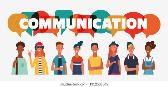 Group of young people with colorful dialog speech bubbles. Communication, teamwork and connection vector concept