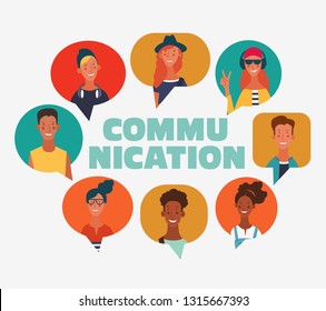 Group of young people with colorful dialog speech bubbles. Communication, teamwork and connection vector concept