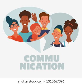 Group of young people with colorful dialog speech bubbles. Communication, teamwork and connection vector concept