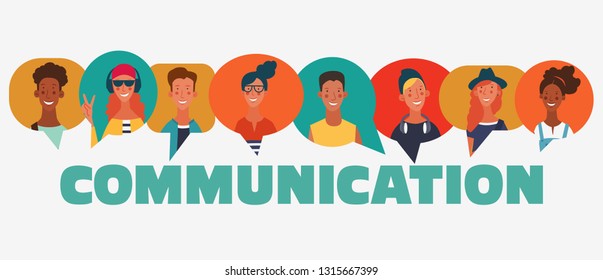 Group of young people with colorful dialog speech bubbles. Communication, teamwork and connection vector concept