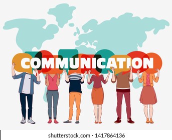 Group of young people with colorful dialog speech bubbles. Communication, teamwork and connection vector concept