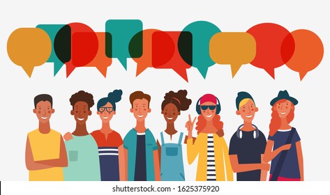 Group of young people with colorful dialog speech bubbles. Communication, teamwork and connection vector concept