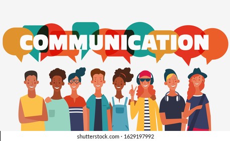 Group of young people with colorful dialog speech bubbles. Communication, teamwork and connection vector concept