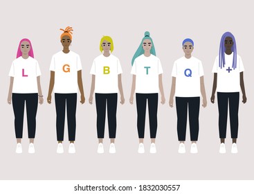 A group of young people with colorful hair wearing an LGBTQ+ sign on their t shirts