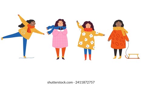 Group of young people in colorful winter clothing. Vector illustration in a flat style, image isolated on white background
