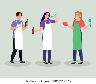 grupo de jóvenes cocinando con utensilios de cocina diseño de ilustraciones vectoriales