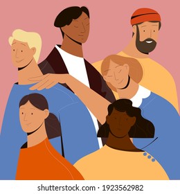 Group of young people, crowd of man and women, diverse people stabding together. Vector illustration in flat style, poster