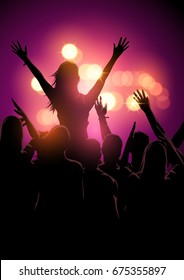 A group of young people in a crowd at a music festival concert. Vector illustration