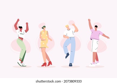 Group of young people dancing happily in flat design