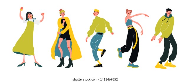 Group of young people dancing and having fun to the music at party dressed in tredny clothes. Flat colorful isolated vector illustration.