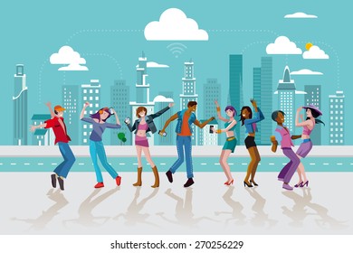 Group of young people dancing and jumping in a street of a modern Wireless City. Vector Illustration.