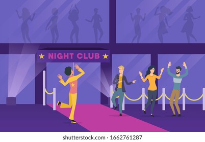 Group of young people dancing near a nightclub in a colorful vector illustration