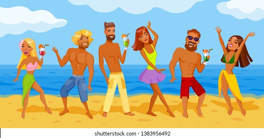 Group of young people dancing at a summer beach party against the sea. Part of them holds cocktail in hand. They are dressed in a pareo shorts tops pants and bikinis. Different types of appearance
