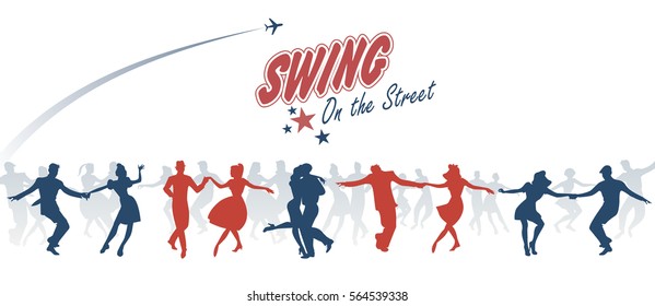 Group of young people dancing swing, lindy or rock n' roll on the street