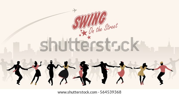Group of young people dancing swing, lindy or rock\
n\' roll on the street
