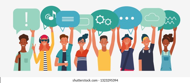 Group of young people with dialog speech bubbles. Communication, teamwork and connection vector concept 