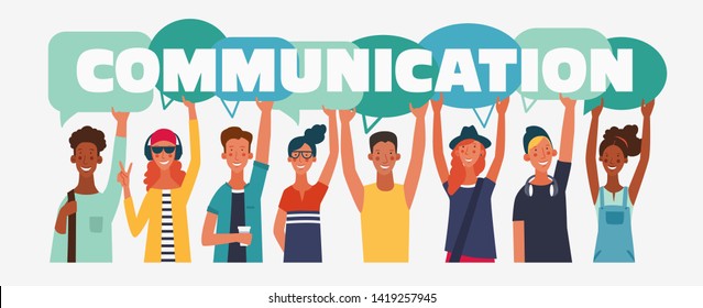 Group of young people with dialog speech bubbles. Communication, teamwork and connection vector concept 